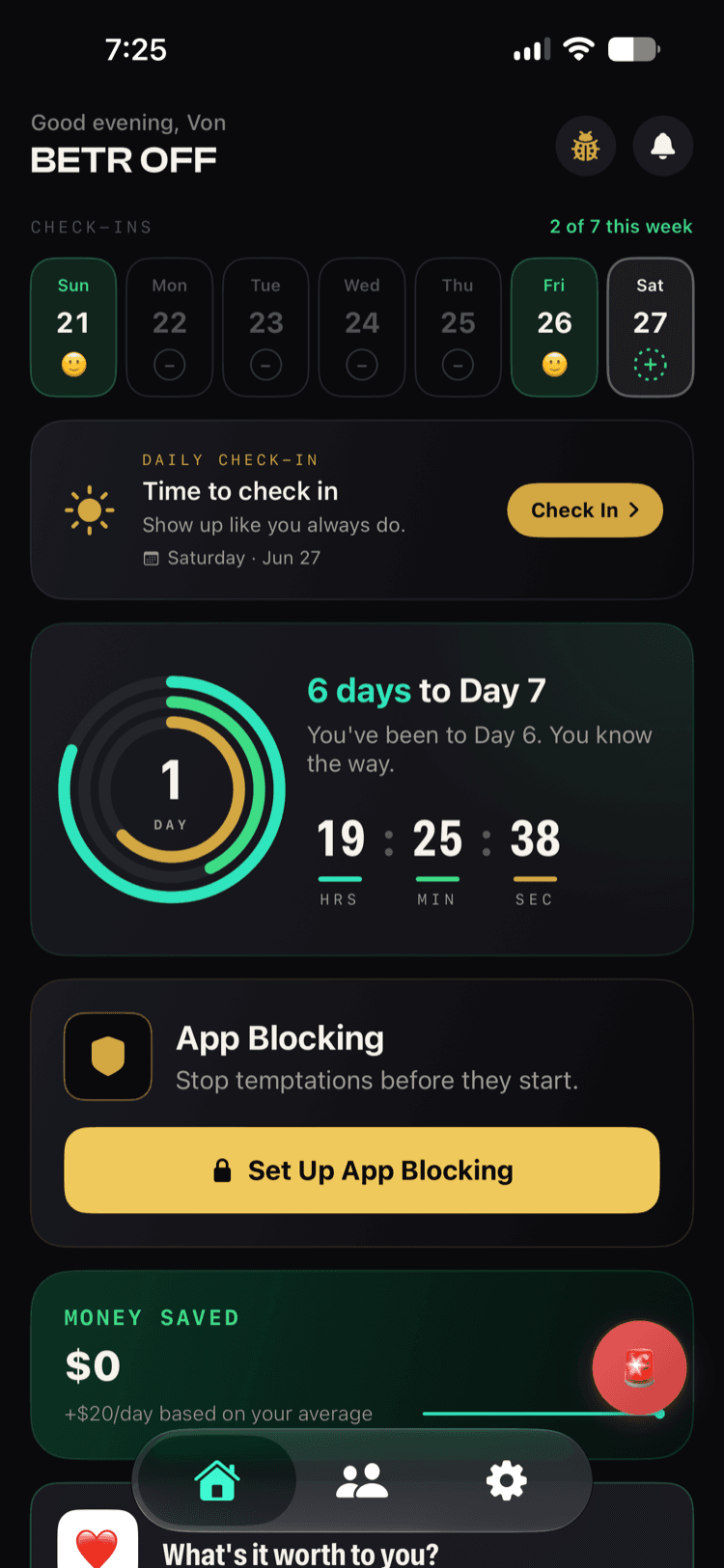 BETR OFF streak screen: your quiet-day count and money kept